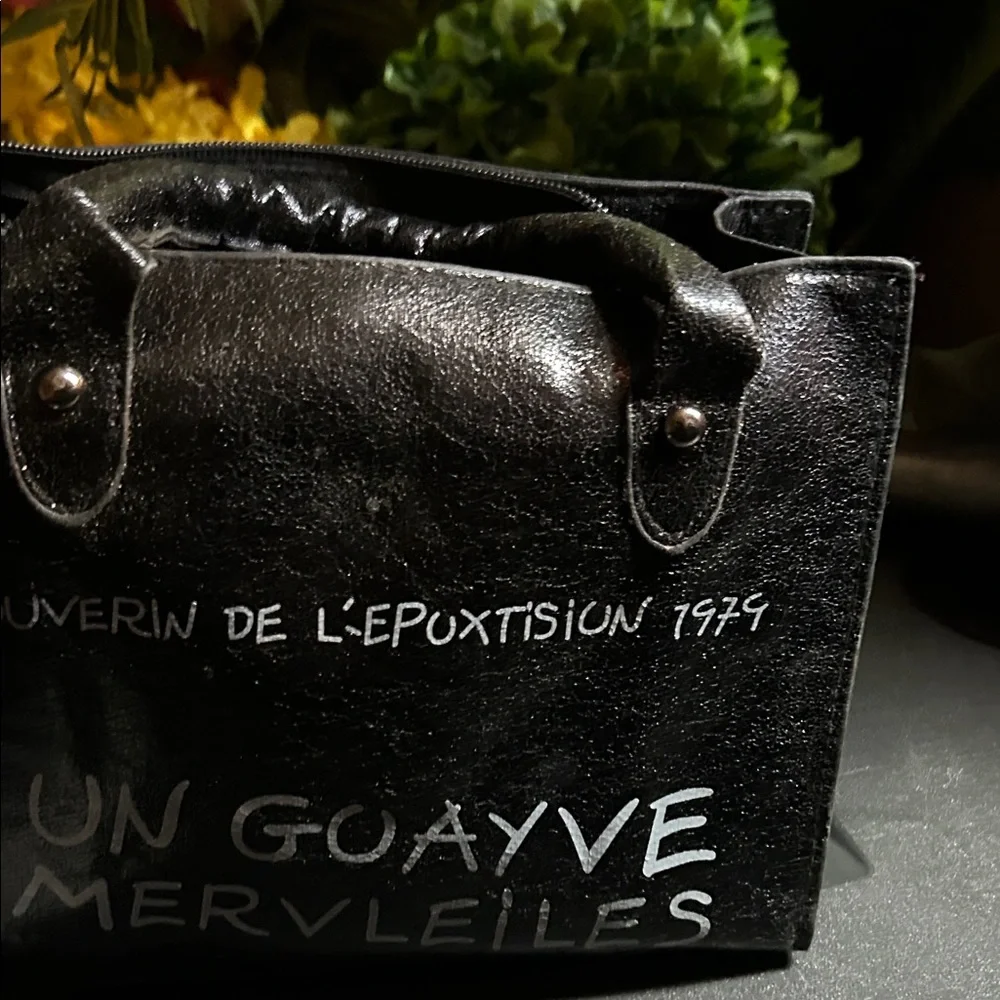 Black Vinyl Tote Bag with White Script - Picture 2 of 3